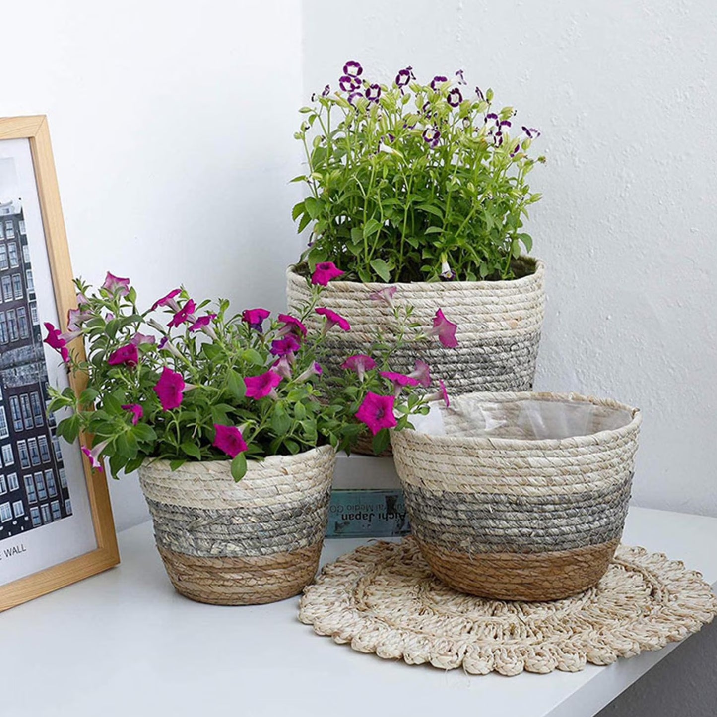 Storage Basket Bin Organizer, Sturdy Indoor Floor Planter with Handle, Woven Baskets for up to 8.7 Flower Pot Plant, Flower, White Black Brown Stripes