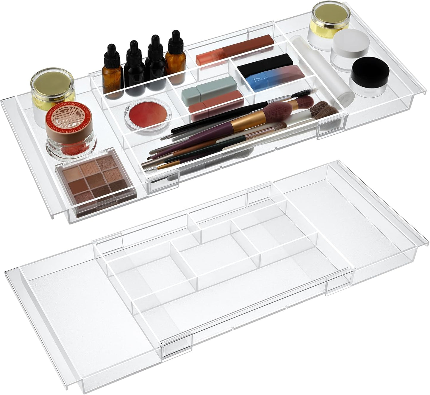 2Pack Shallow Expandable Drawer Organizer, Adjustable 12.5”–20” Clear Plastic Drawer Organizer Tray for Vanity Bathroom Desk Kitchen Drawers, Multi Compartment Storage