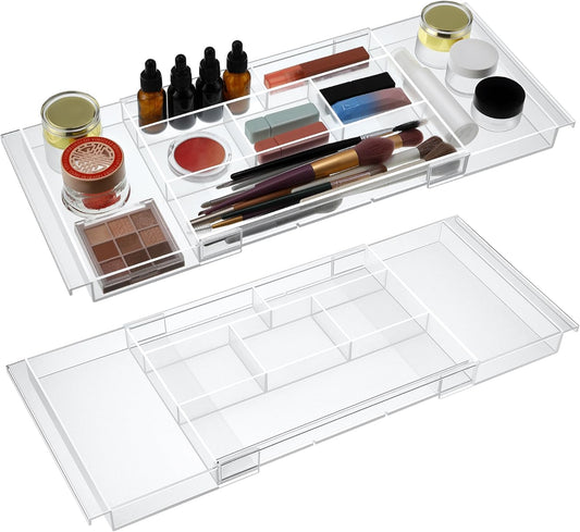 2Pack Shallow Expandable Drawer Organizer, Adjustable 12.5”–20” Clear Plastic Drawer Organizer Tray for Vanity Bathroom Desk Kitchen Drawers, Multi Compartment Storage