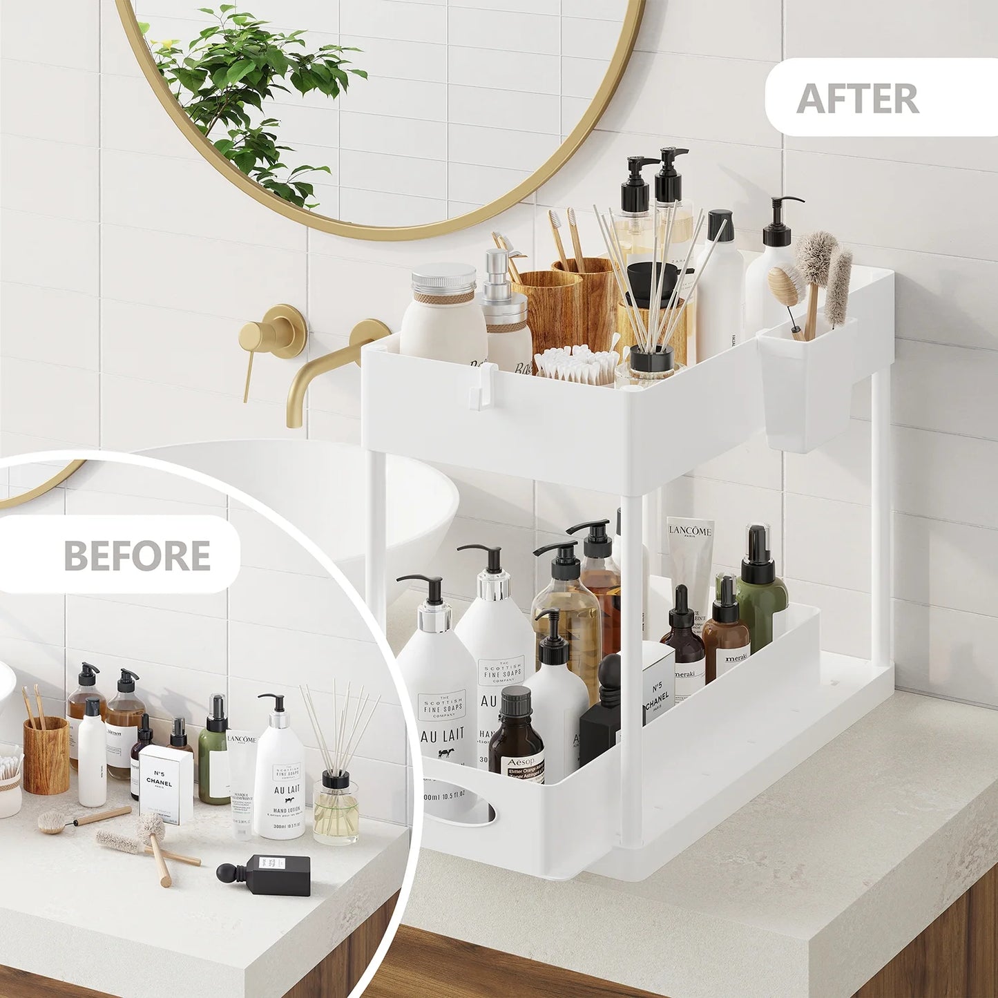 Hearth and Harbor under Sink Organizer, Bathroom Cabinet Organizer Pull Out Sliding Draw, under Cabinet Storage, None Slip Grip under Kitchen Sink Organizer, White (1-Pack)