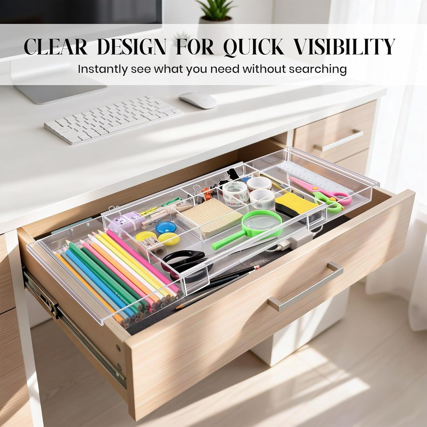 2Pack Shallow Expandable Drawer Organizer, Adjustable 12.5”–20” Clear Plastic Drawer Organizer Tray for Vanity Bathroom Desk Kitchen Drawers, Multi Compartment Storage