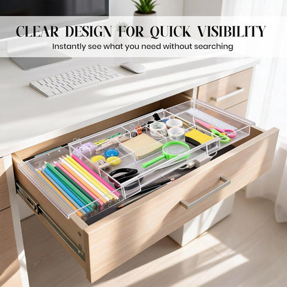 2Pack Shallow Expandable Drawer Organizer, Adjustable 12.5”–20” Clear Plastic Drawer Organizer Tray for Vanity Bathroom Desk Kitchen Drawers, Multi Compartment Storage