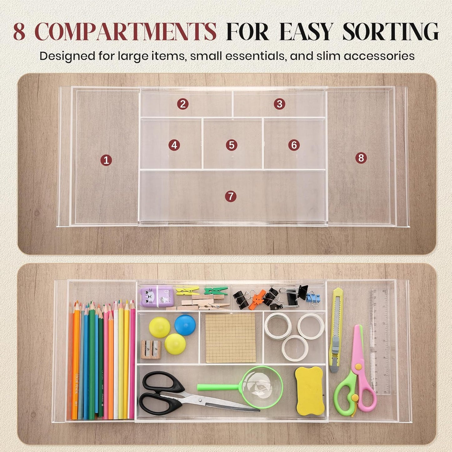 2Pack Shallow Expandable Drawer Organizer, Adjustable 12.5”–20” Clear Plastic Drawer Organizer Tray for Vanity Bathroom Desk Kitchen Drawers, Multi Compartment Storage
