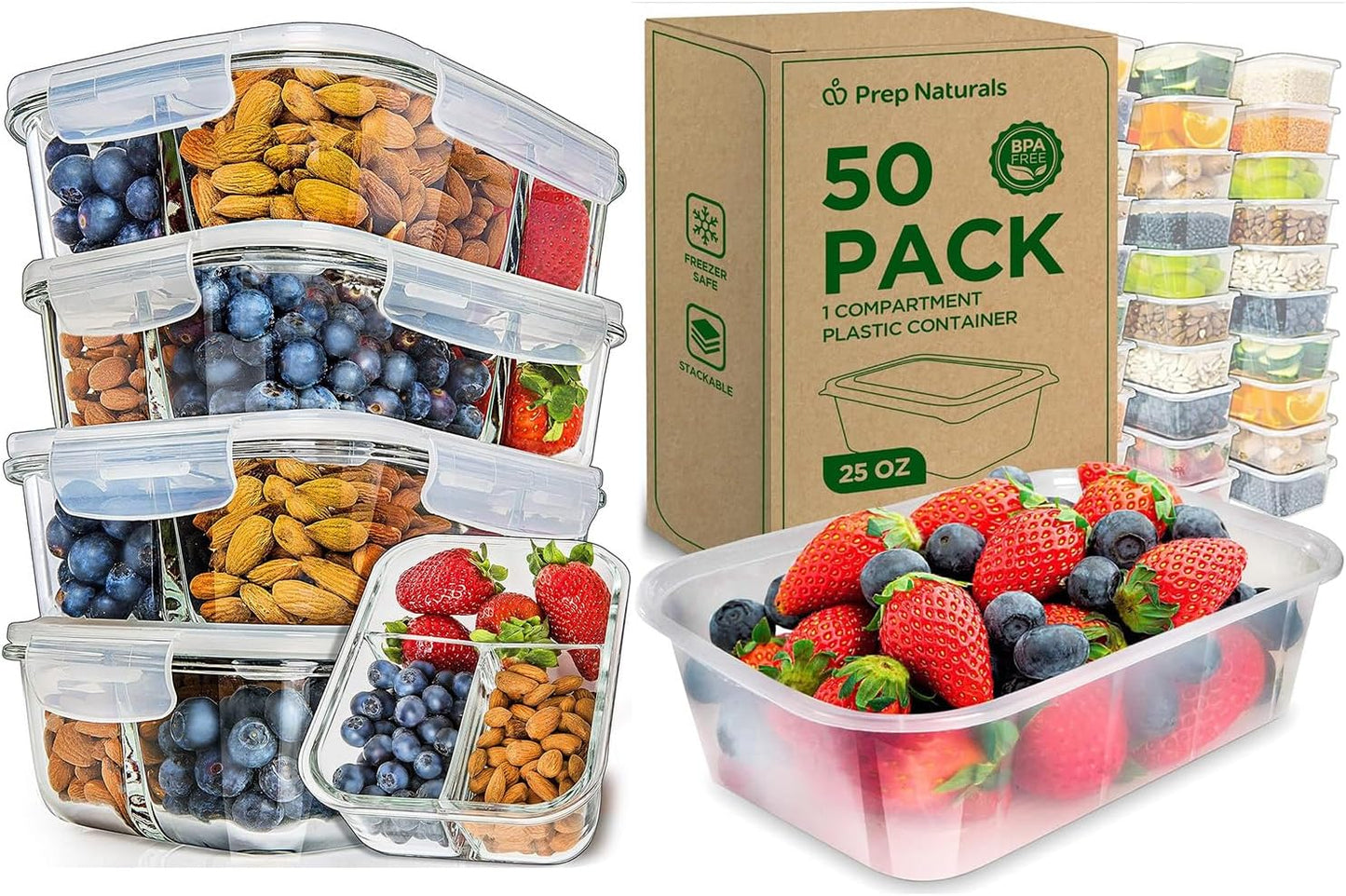 5 Pack Glass Container (34Oz) + 50 Pack Plastic Container