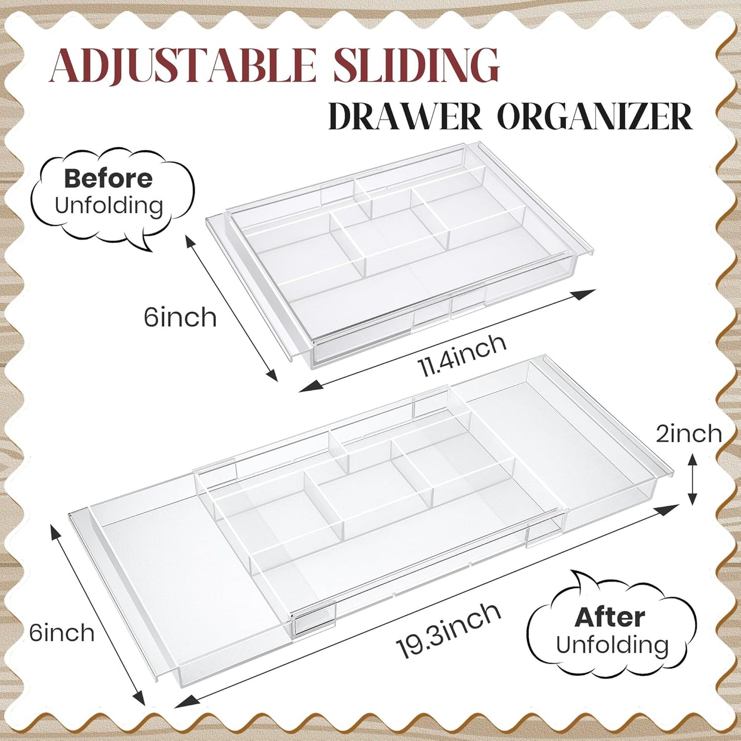 2Pack Shallow Expandable Drawer Organizer, Adjustable 12.5”–20” Clear Plastic Drawer Organizer Tray for Vanity Bathroom Desk Kitchen Drawers, Multi Compartment Storage