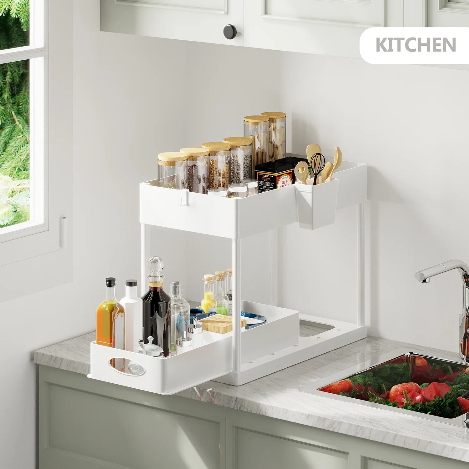 Hearth and Harbor under Sink Organizer, Bathroom Cabinet Organizer Pull Out Sliding Draw, under Cabinet Storage, None Slip Grip under Kitchen Sink Organizer, White (1-Pack)