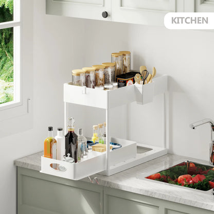 Hearth and Harbor under Sink Organizer, Bathroom Cabinet Organizer Pull Out Sliding Draw, under Cabinet Storage, None Slip Grip under Kitchen Sink Organizer, White (1-Pack)