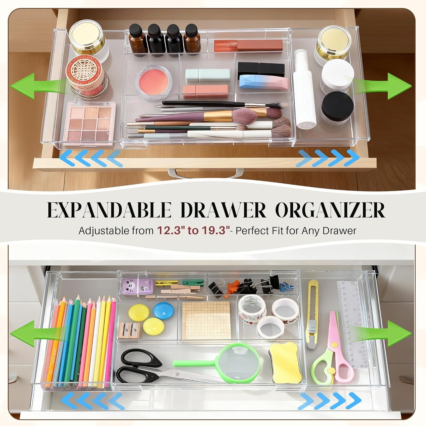 2Pack Shallow Expandable Drawer Organizer, Adjustable 12.5”–20” Clear Plastic Drawer Organizer Tray for Vanity Bathroom Desk Kitchen Drawers, Multi Compartment Storage
