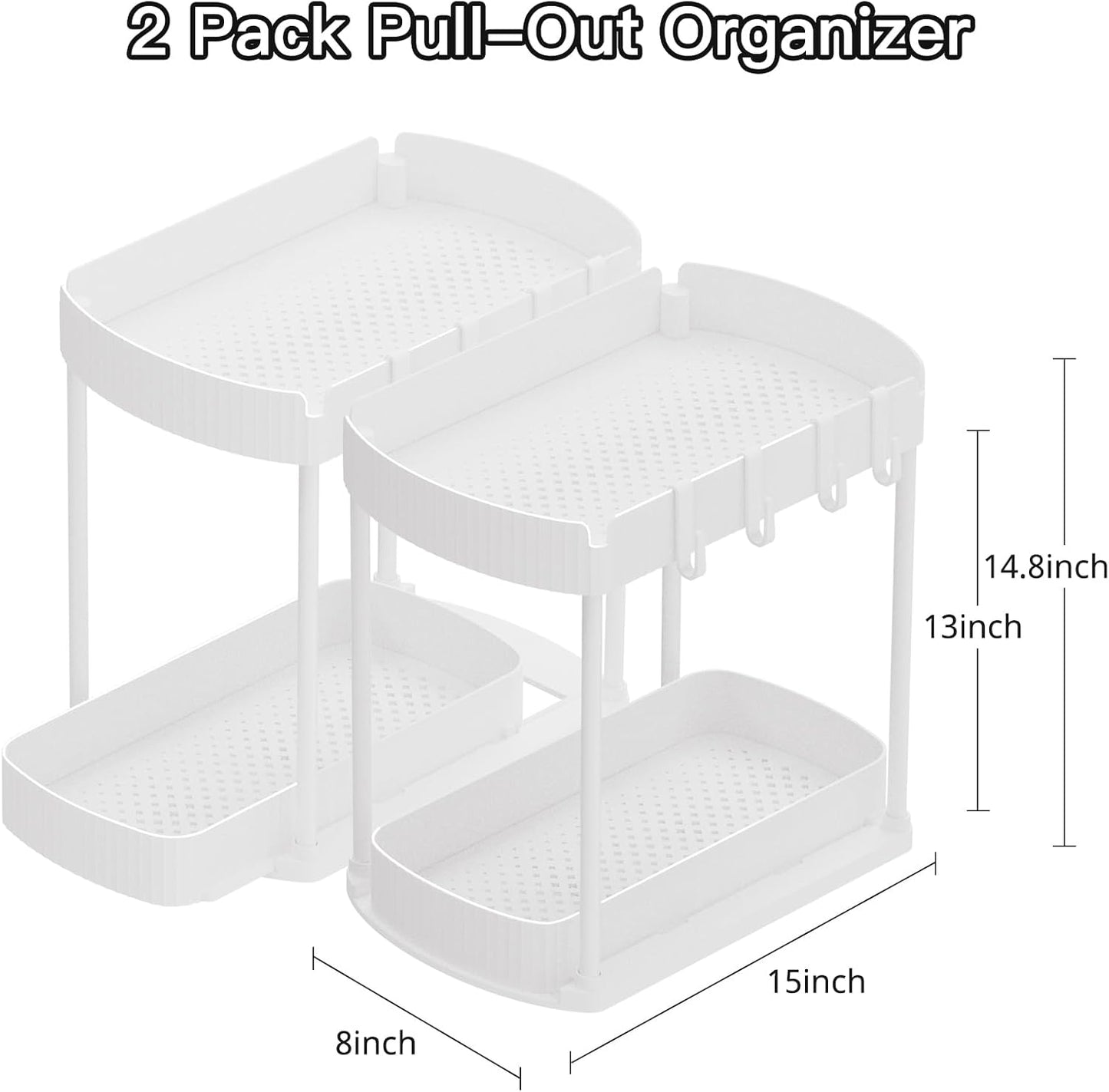 2 Pack Multi-Purpose Pull-Out Storage Organizers, under Sink Organizers and Storage for Bathroom & Kitchen, under Cabinet Organizers and Storage, 14.8 Inch, White