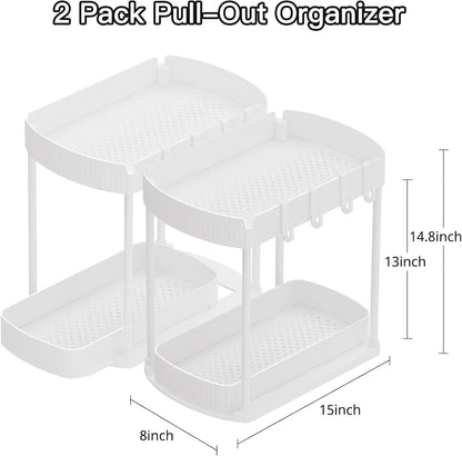 2 Pack Multi-Purpose Pull-Out Storage Organizers, under Sink Organizers and Storage for Bathroom & Kitchen, under Cabinet Organizers and Storage, 14.8 Inch, White