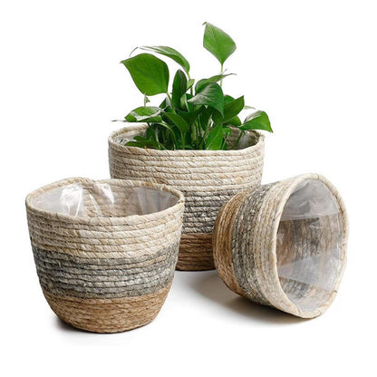 Storage Basket Bin Organizer, Sturdy Indoor Floor Planter with Handle, Woven Baskets for up to 8.7 Flower Pot Plant, Flower, White Black Brown Stripes