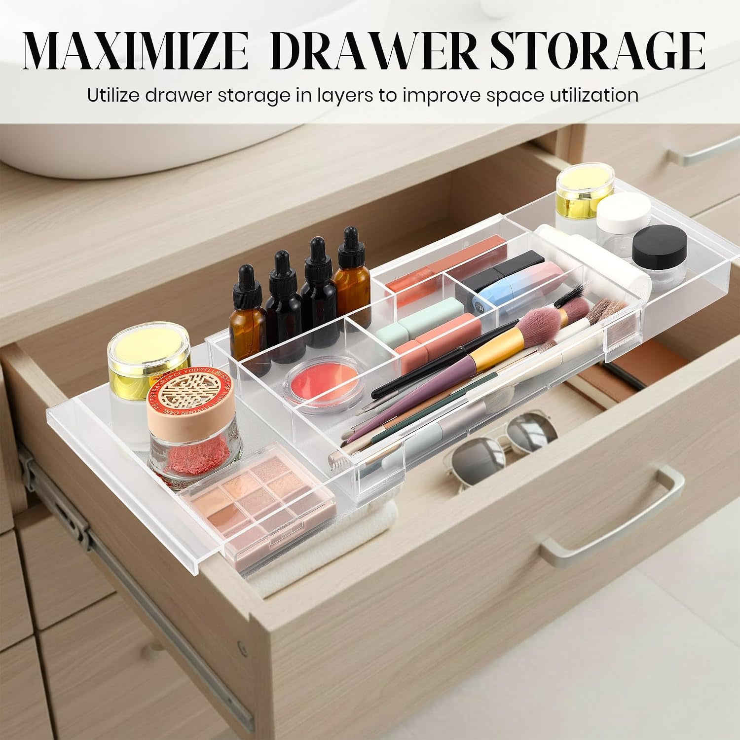 2Pack Shallow Expandable Drawer Organizer, Adjustable 12.5”–20” Clear Plastic Drawer Organizer Tray for Vanity Bathroom Desk Kitchen Drawers, Multi Compartment Storage