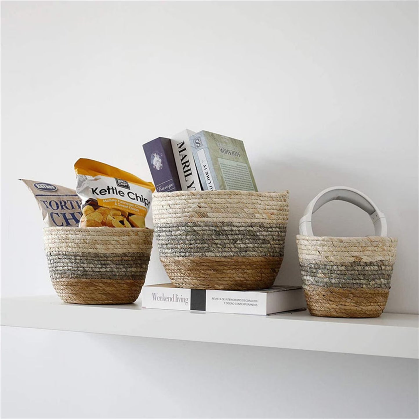 Storage Basket Bin Organizer, Sturdy Indoor Floor Planter with Handle, Woven Baskets for up to 8.7 Flower Pot Plant, Flower, White Black Brown Stripes