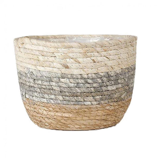 Storage Basket Bin Organizer, Sturdy Indoor Floor Planter with Handle, Woven Baskets for up to 8.7 Flower Pot Plant, Flower, White Black Brown Stripes
